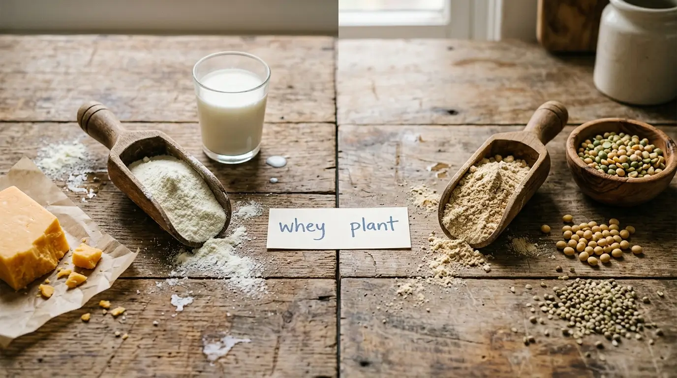 Whey protein scoop next to a plant protein scoop with milk cheese peas soybeans and hemp seeds on a wooden surface for comparison