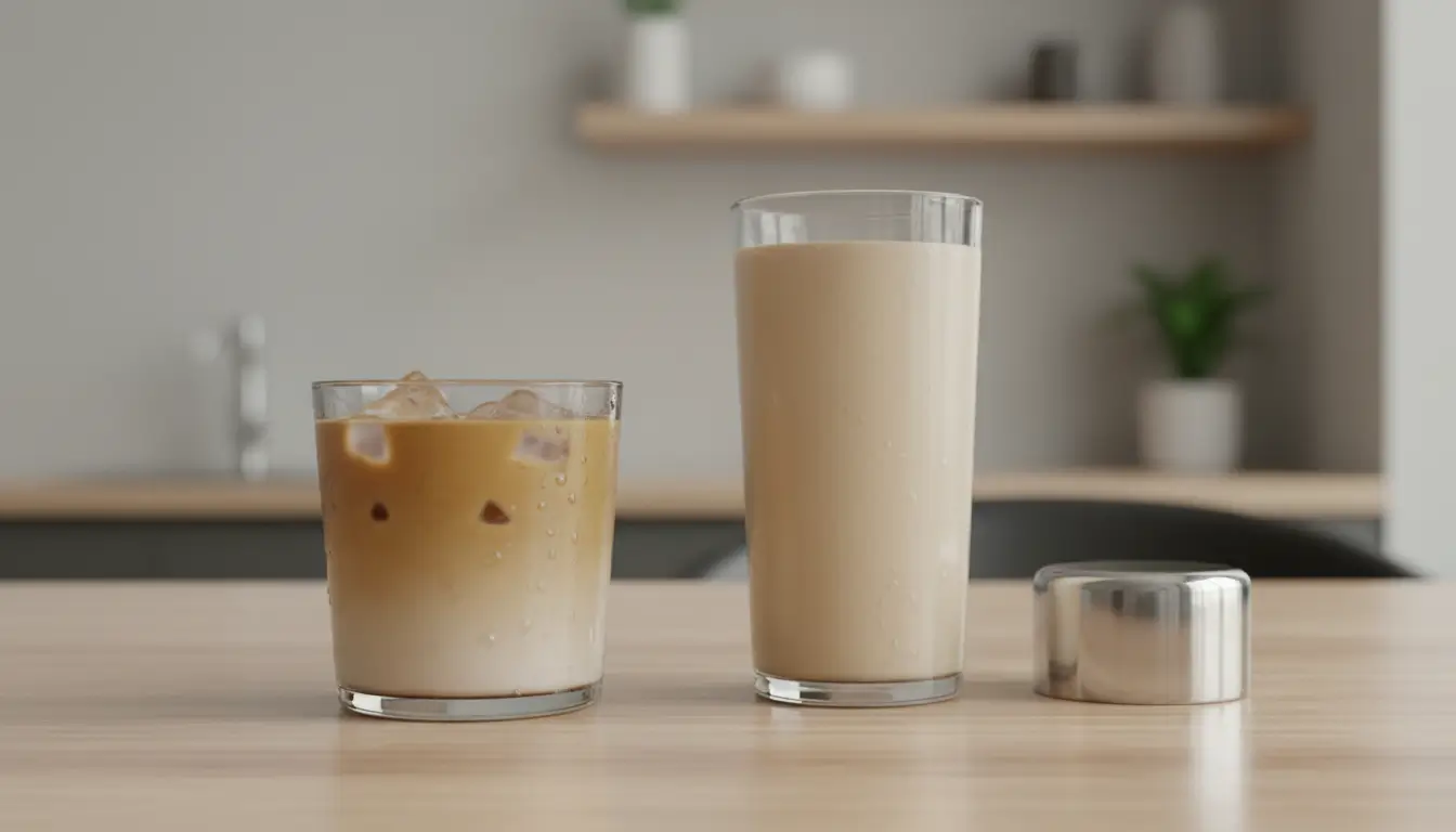 Protein coffee and protein shake side by side on a table for comparison