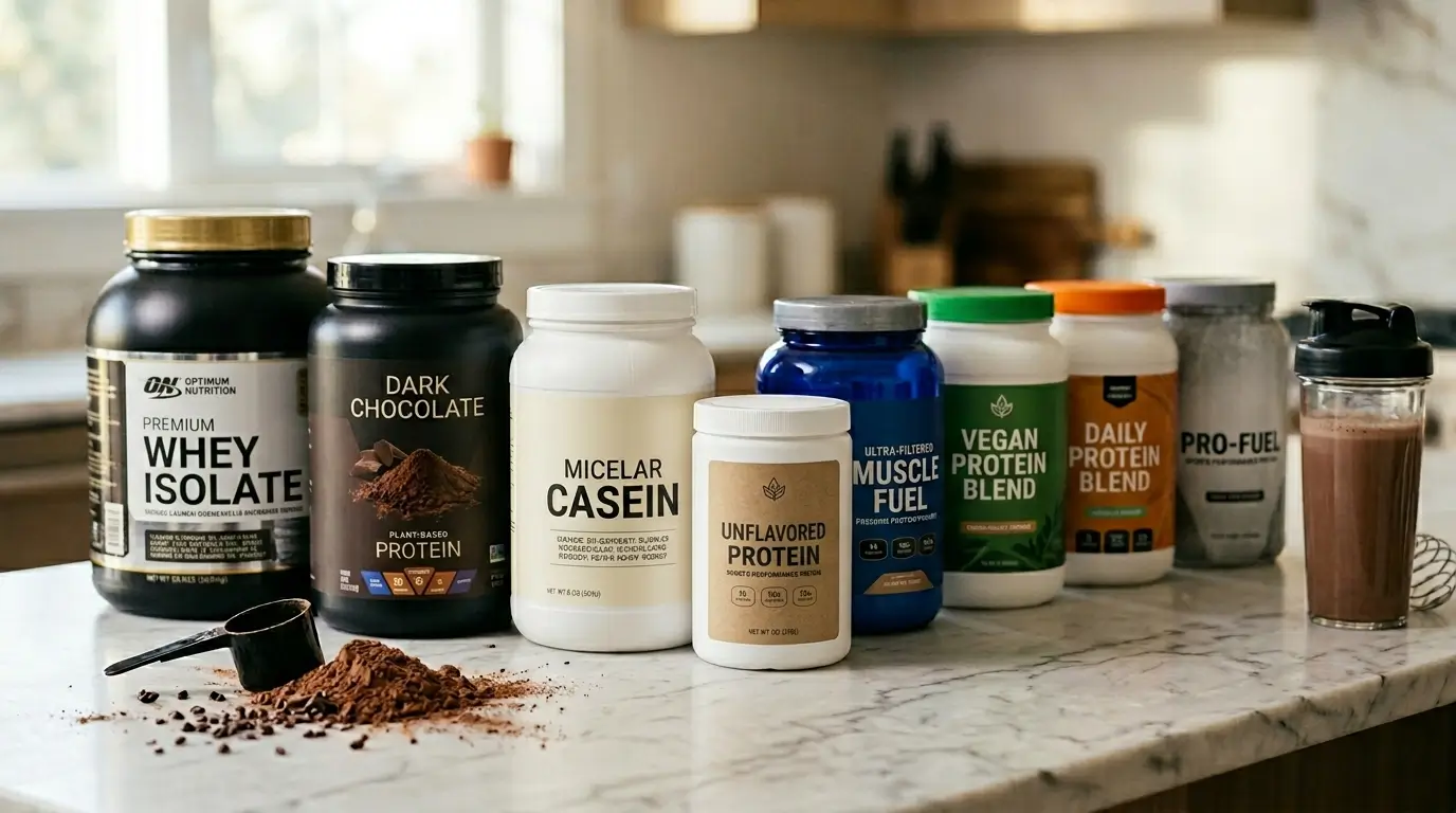 Lineup of protein powder tubs on a kitchen counter including whey isolate, plant-based and casein options ranked in the best protein powders 2026 guide
