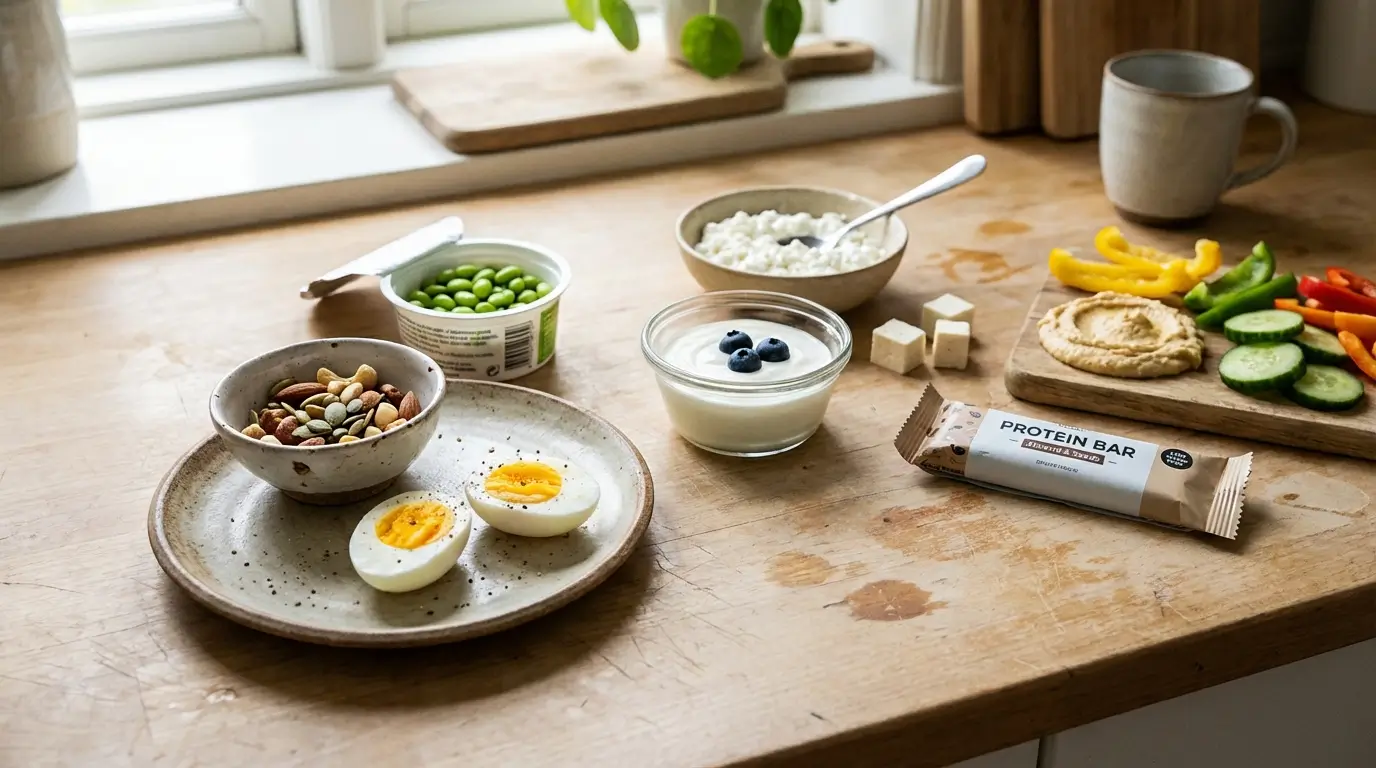 Protein snacks for diabetics including eggs, yogurt, nuts, edamame, hummus, and low-sugar protein options arranged casually on a kitchen counter in natural light