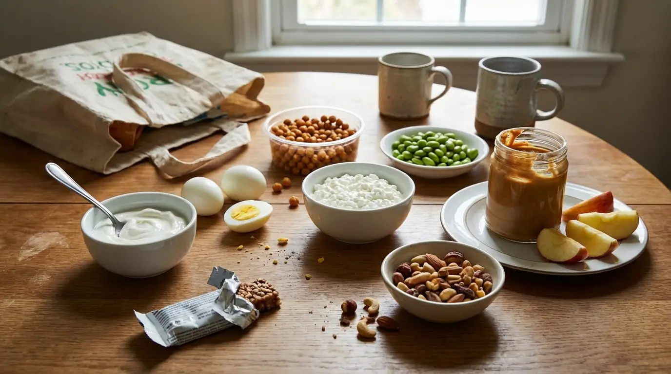 Affordable high protein snacks under $1.50 including eggs, Greek yogurt, chickpeas, edamame and peanut butter arranged on a kitchen table