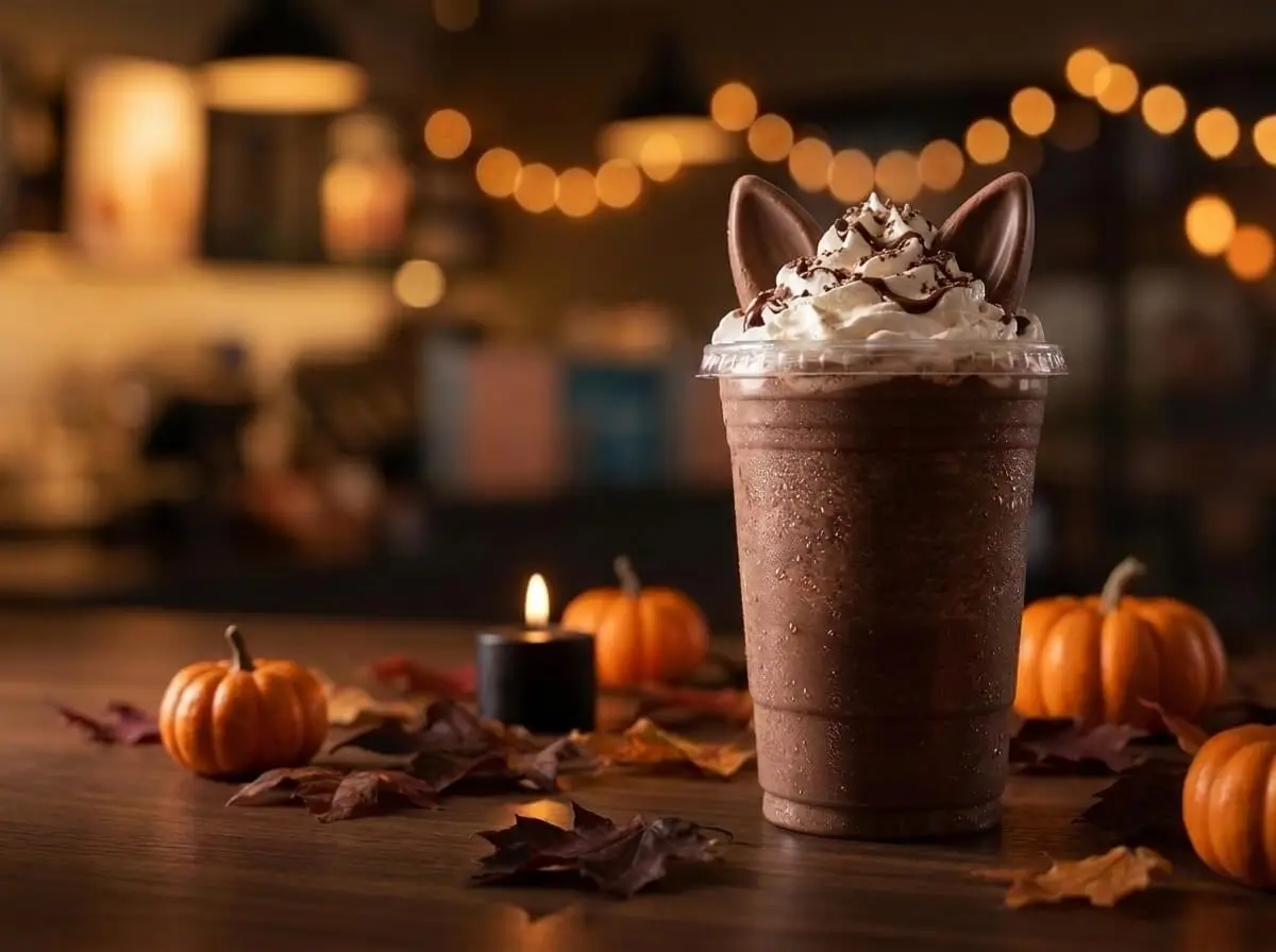 A chocolate creme Frappuccino in a clear cup topped with whipped cream, chocolate drizzle and two glossy dark chocolate cat ears, on a dark wood cafe counter with mini orange pumpkins, dried autumn leaves and a lit black candle, warm string lights glowing out of focus behind