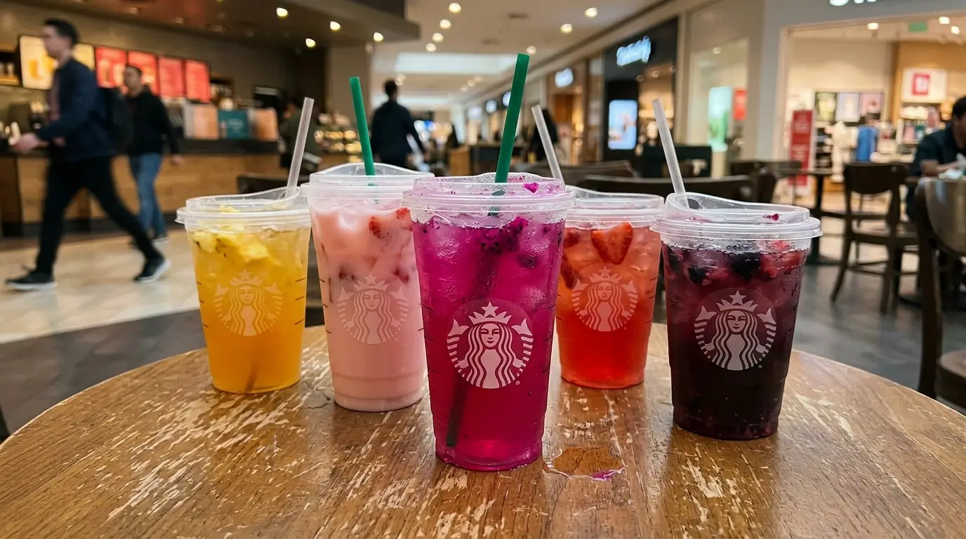 Starbucks energy refreshers drinks lineup including strawberry acai mango dragonfruit and pink drink on cafe table in mall