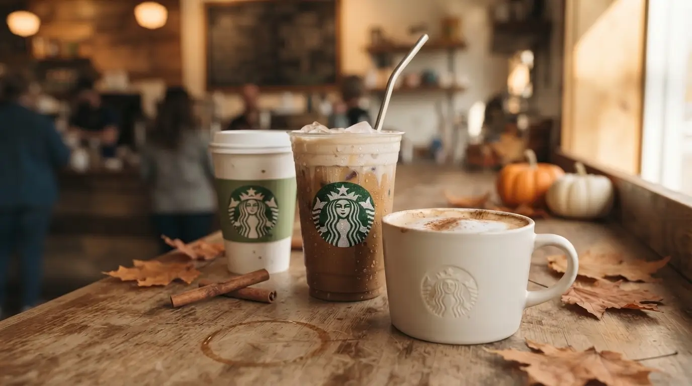 Starbucks fall 2026 drinks on a wooden cafe counter: a hot Pumpkin Spice Latte in a paper cup, an iced Pumpkin Cream Cold Brew, and a foamy latte in a Starbucks mug, with autumn leaves, cinnamon sticks, and mini pumpkins