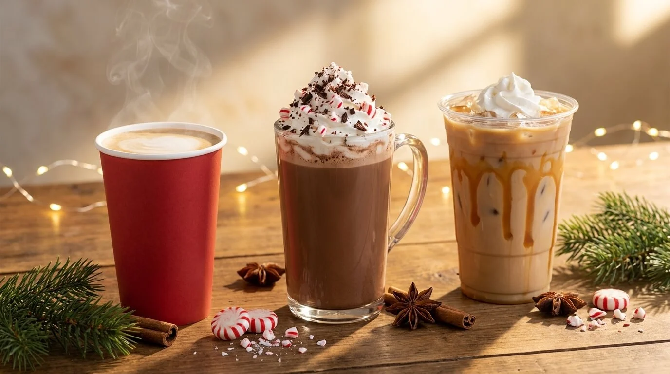 Three Starbucks holiday drinks on a sunlit wooden table: a hot latte steaming in a plain red paper cup, a glass mug of peppermint mocha topped with whipped cream, chocolate shavings and crushed peppermint candy, and an iced caramel brulee latte in a clear cup with caramel drizzle, styled with pine sprigs, cinnamon sticks, star anise and peppermint candies under warm string lights