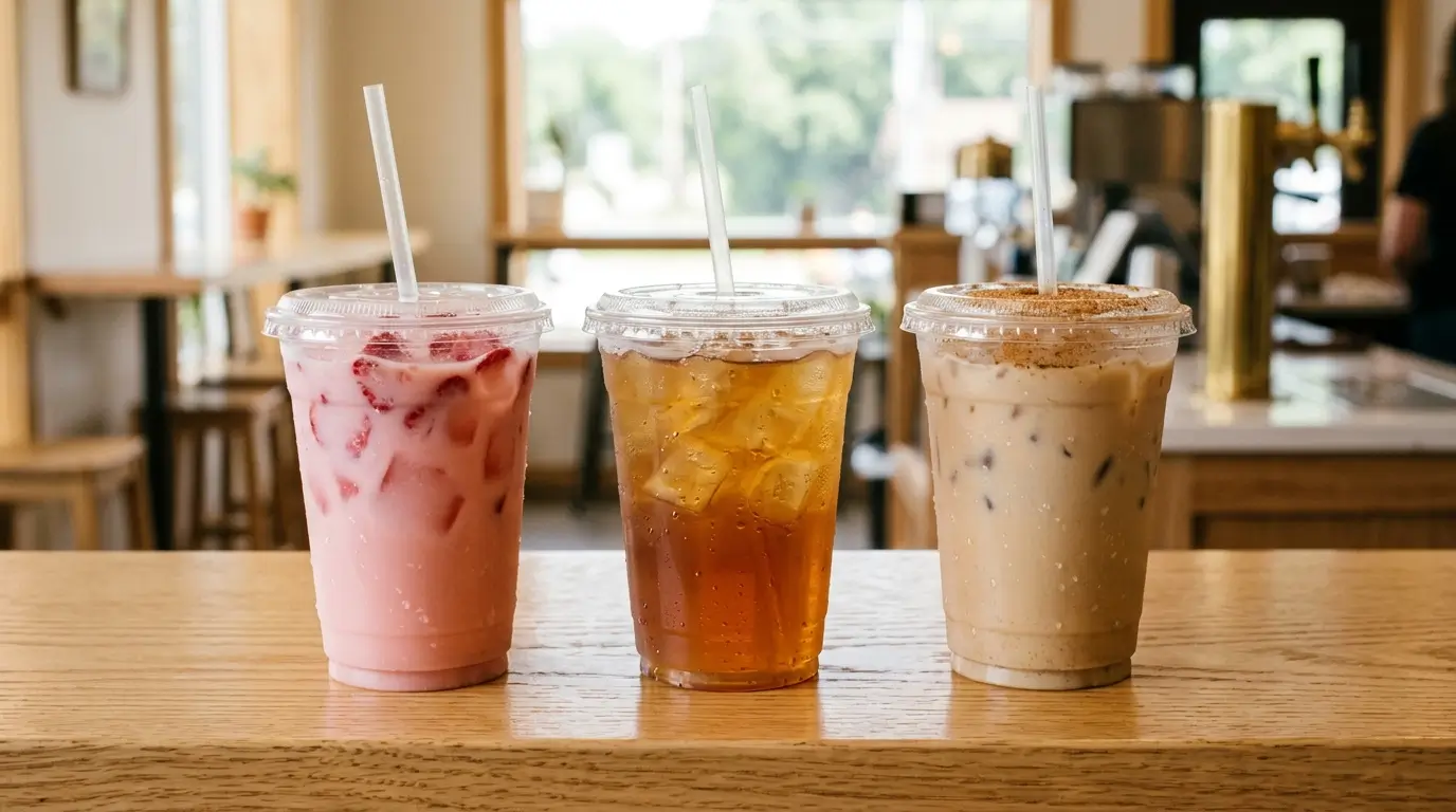 Starbucks Refreshers vs iced teas 2026 sugar and caffeine comparison: a grande Pink Drink Refresher, grande iced black tea, and grande Iced Chai Tea Latte lined up on a cafe counter