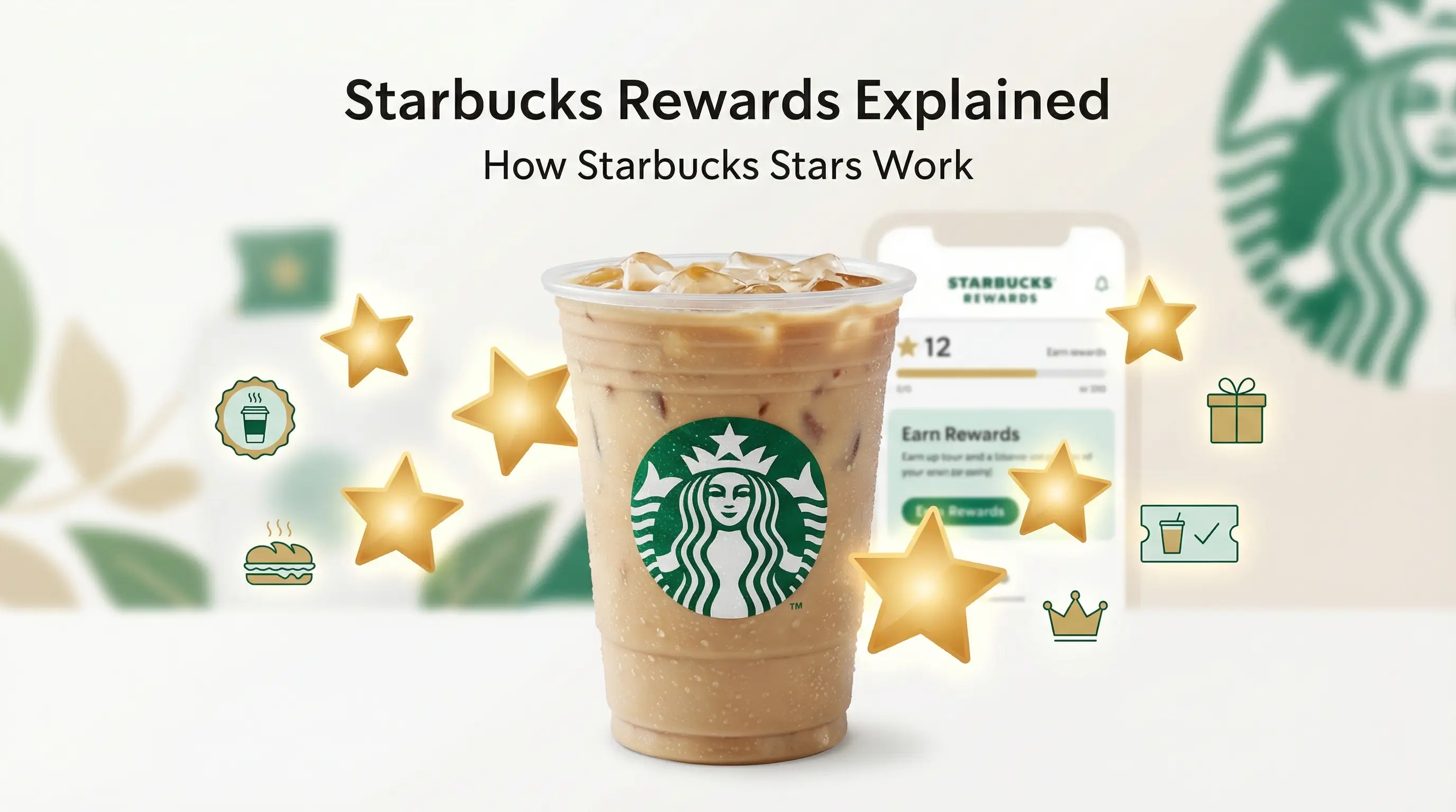 Starbucks Rewards Program featured image showing a Starbucks iced coffee with Starbucks Stars, rewards icons, and a mobile app screen explaining how Starbucks Stars work