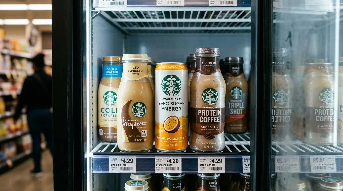 Starbucks RTD drinks 2026 including protein coffee, zero sugar energy and iced espresso bottles in a grocery store fridge