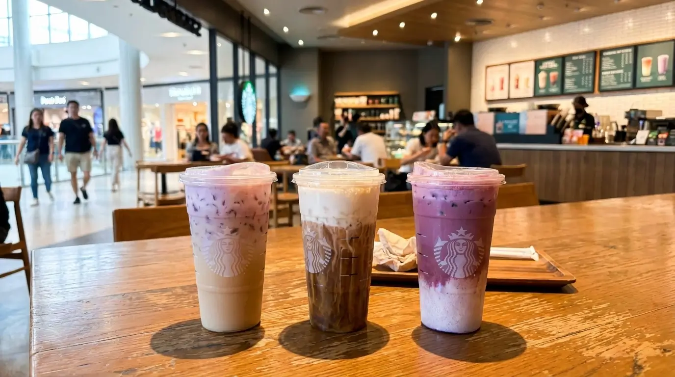 Starbucks Spring Menu 2026 drinks including Ube Coconut Macchiato and Lavender Latte on a café table inside a busy shopping mall Starbucks store