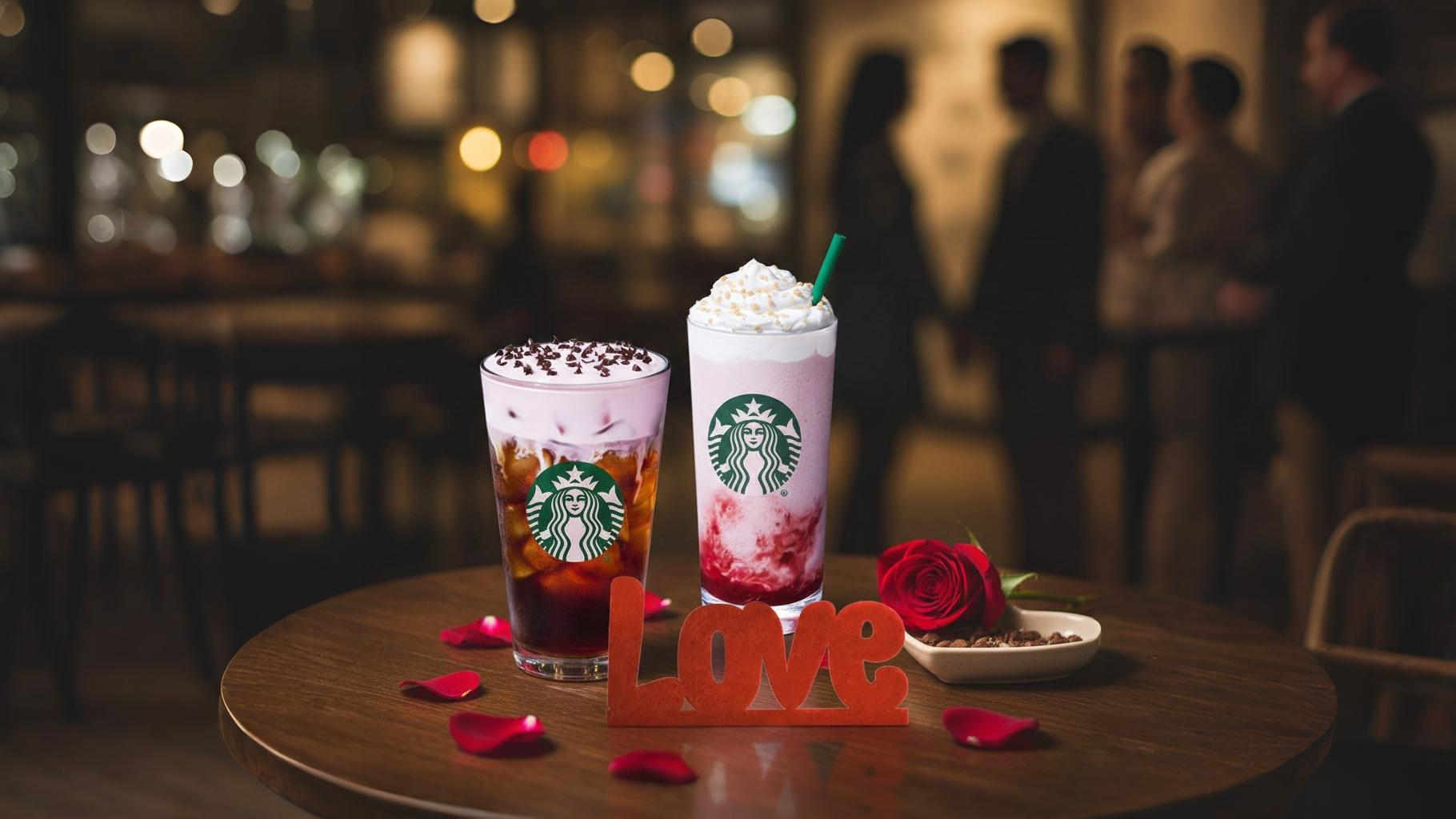 Starbucks Valentine's Day Drinks 2026 featuring two drinks with a red LOVE decoration and a couple in the background