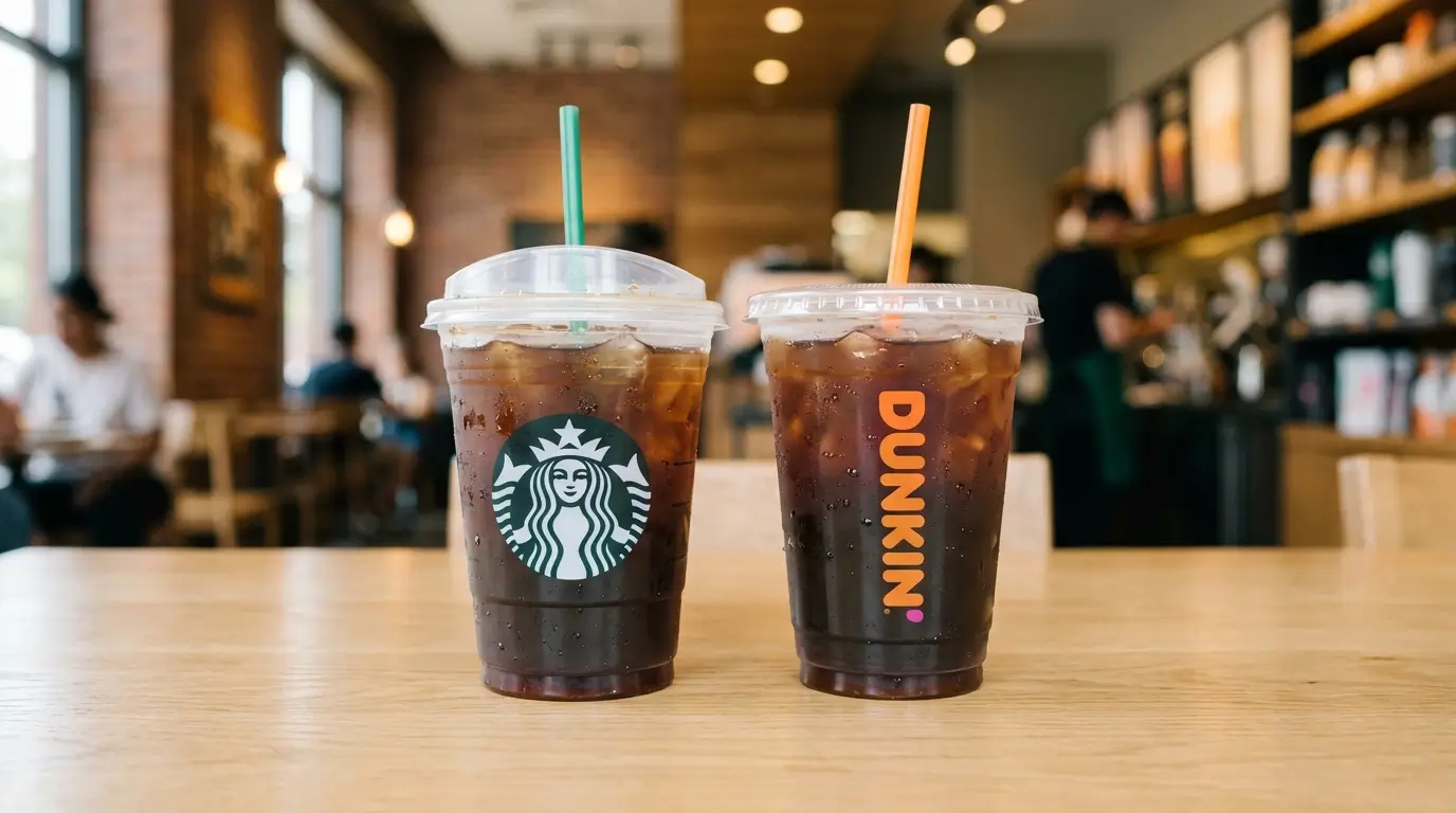 A Starbucks iced cup and a Dunkin iced cup side by side on a cafe table, comparing which coffee chain is healthier on calories, sugar, caffeine and protein
