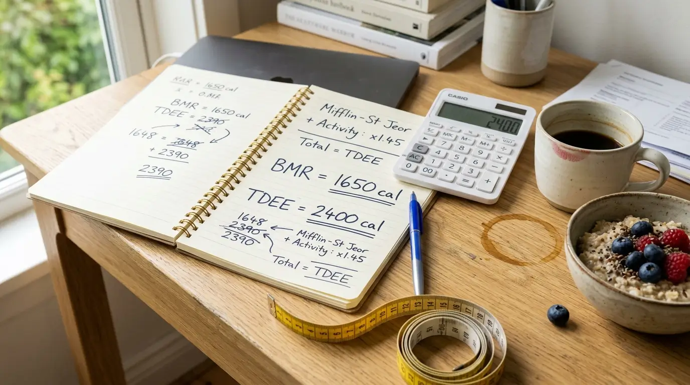 Open notebook with handwritten BMR and TDEE calculations next to a calculator coffee mug measuring tape and bowl of oatmeal in a clean workspace