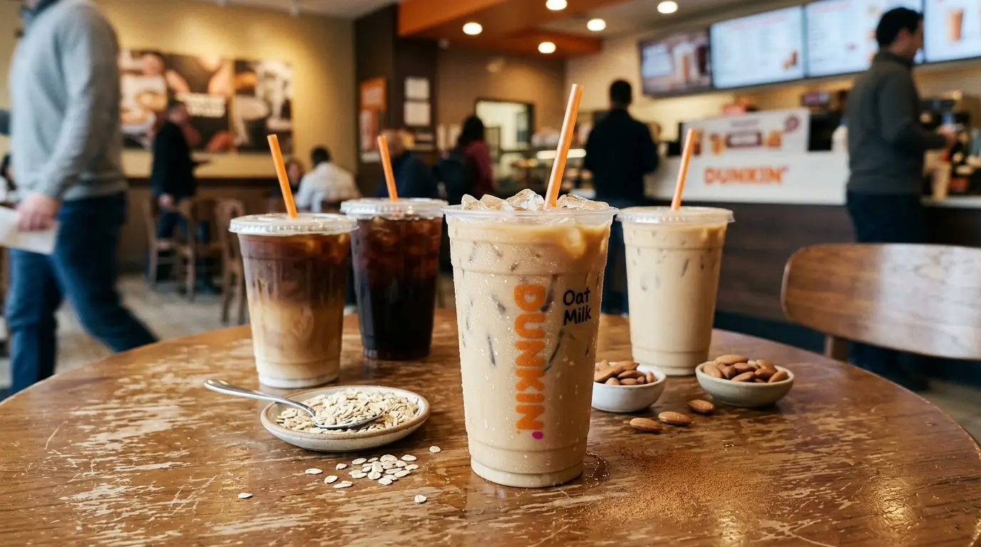 vegan Dunkin iced coffee with oat milk almonds and plant based drink options on cafe table
