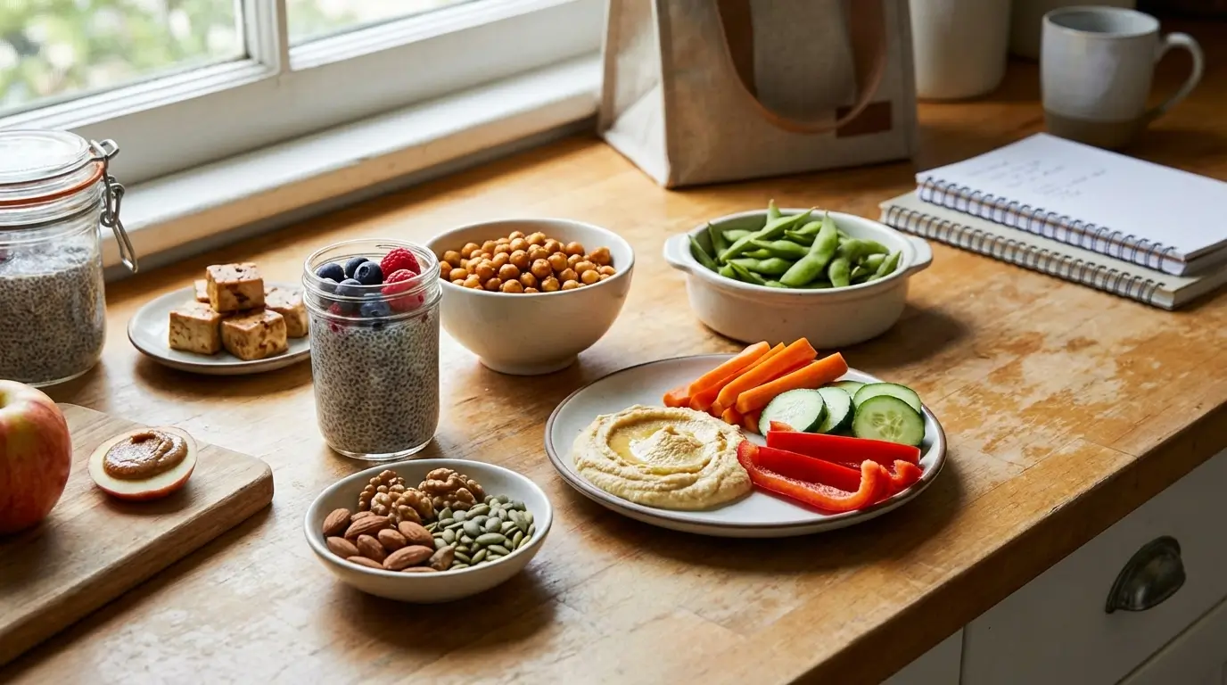 Vegan high protein snacks for busy moms including chia pudding, hummus with vegetables, edamame, roasted chickpeas, nuts and tofu prepared on a kitchen counter in natural light