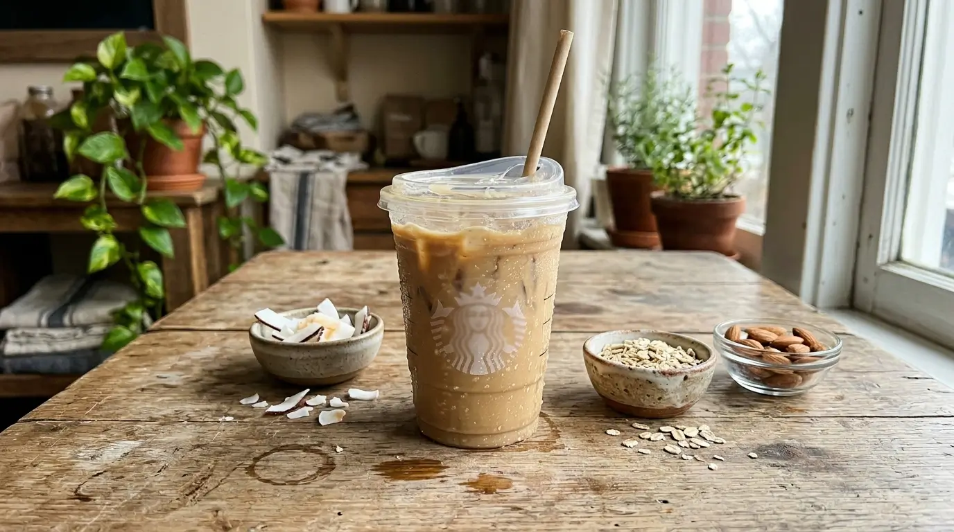 vegan Starbucks iced coffee with oat milk almonds and coconut ingredients on wooden table near window