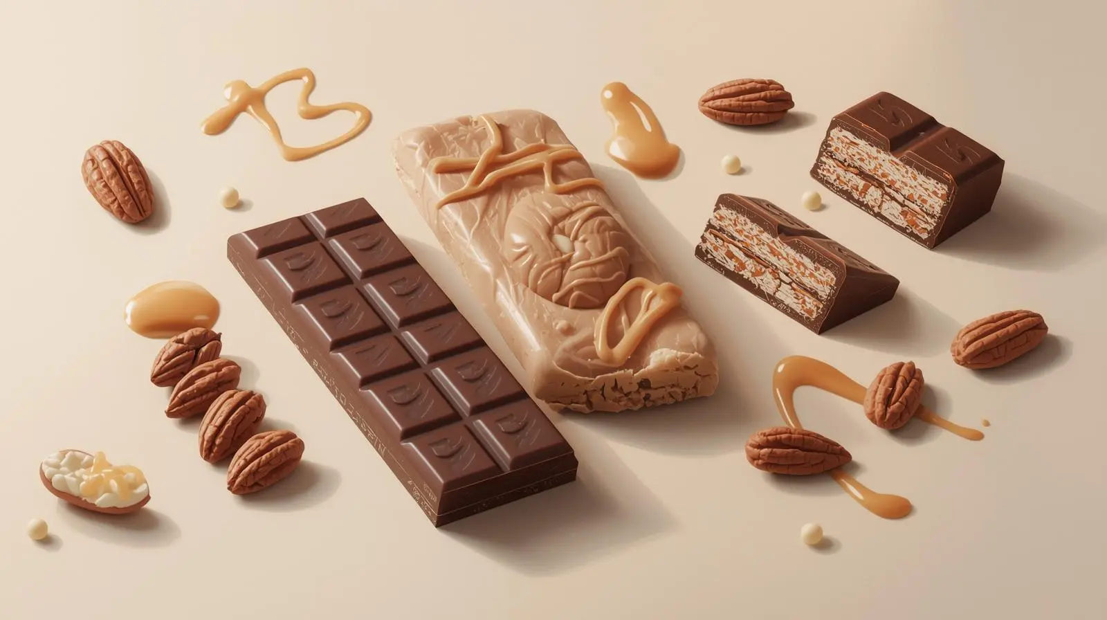 Assorted high protein bars with nuts and caramel drizzles