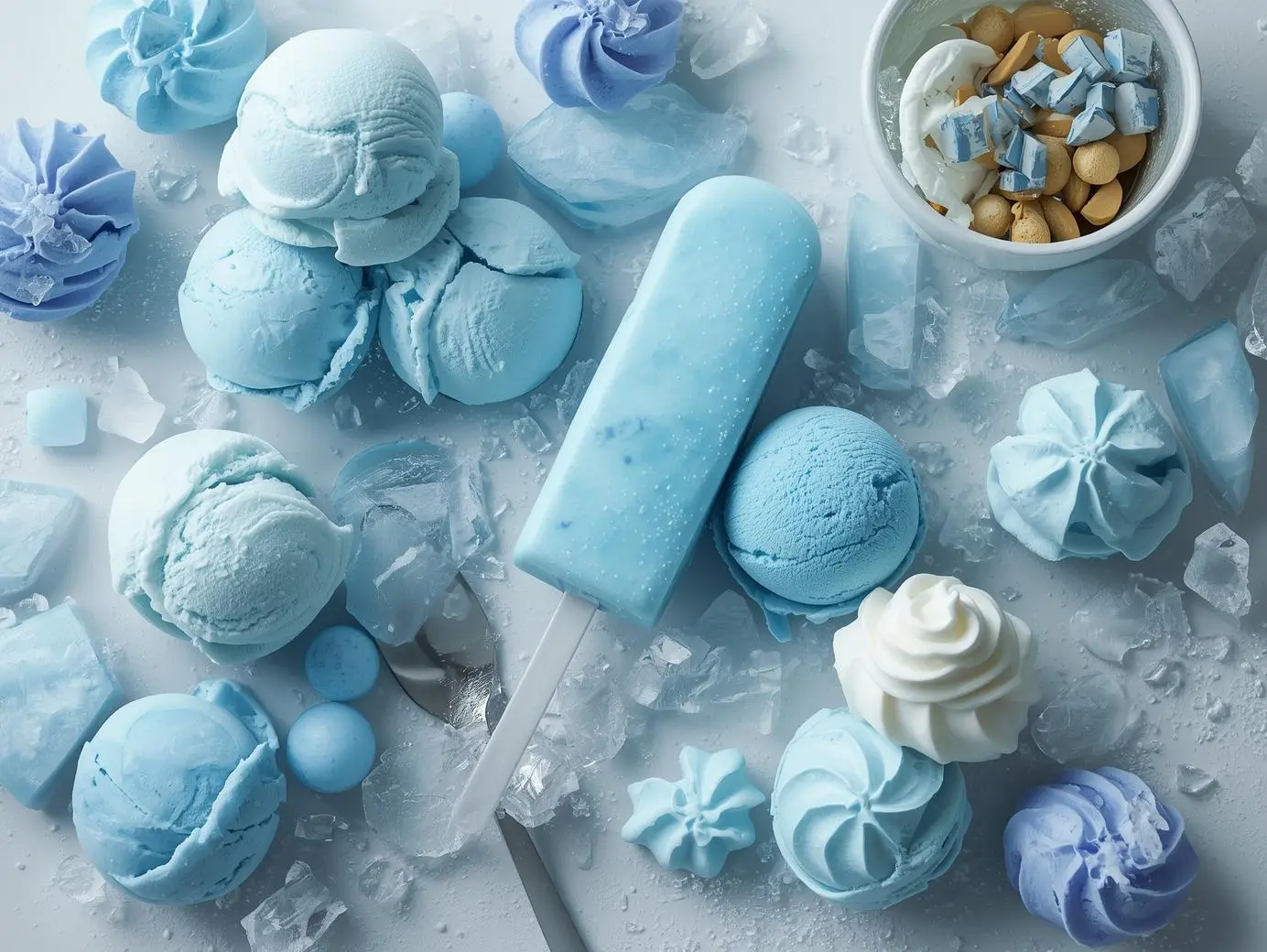 Assorted protein ice creams and frosty treats in blue tones