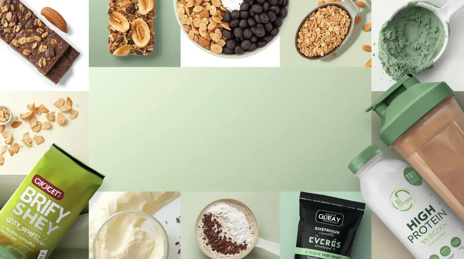 Assorted protein snacks and powders arranged in a modern DrinkDigits banner