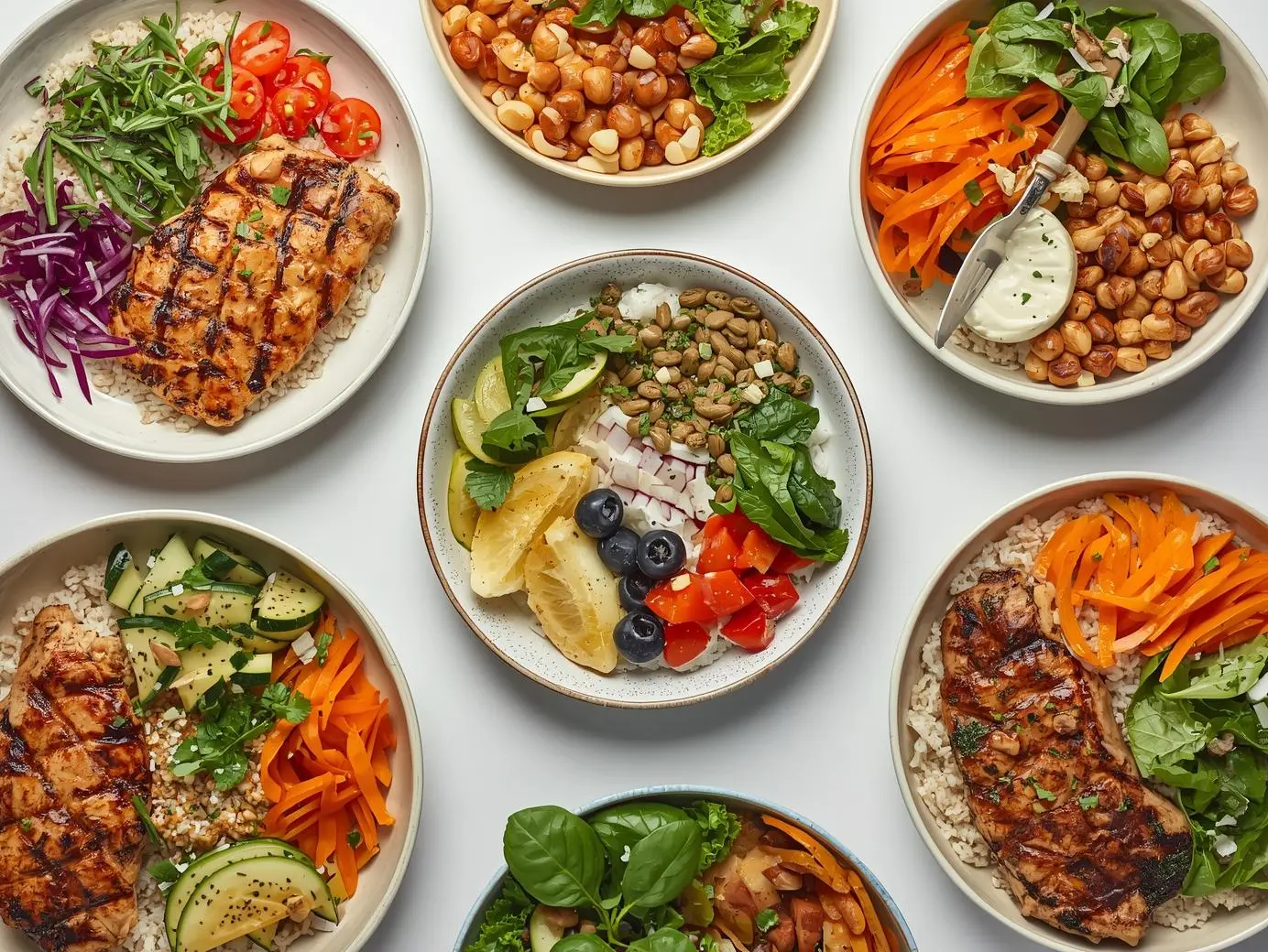 High protein rice bowls with grilled chicken vegetables and fresh toppings