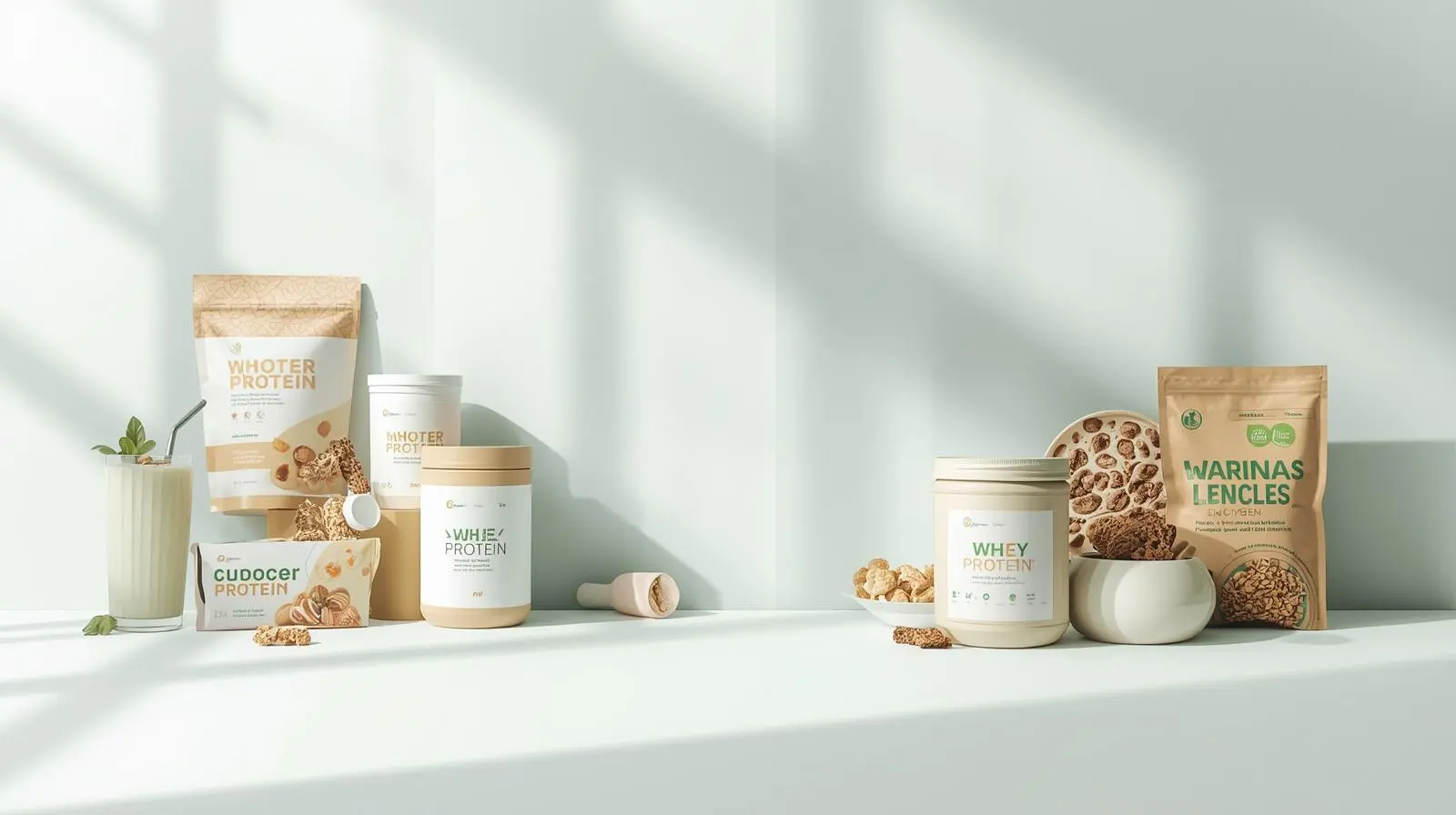 Protein powders, cereal, snacks and bars arranged in a bright minimal DrinkDigits banner