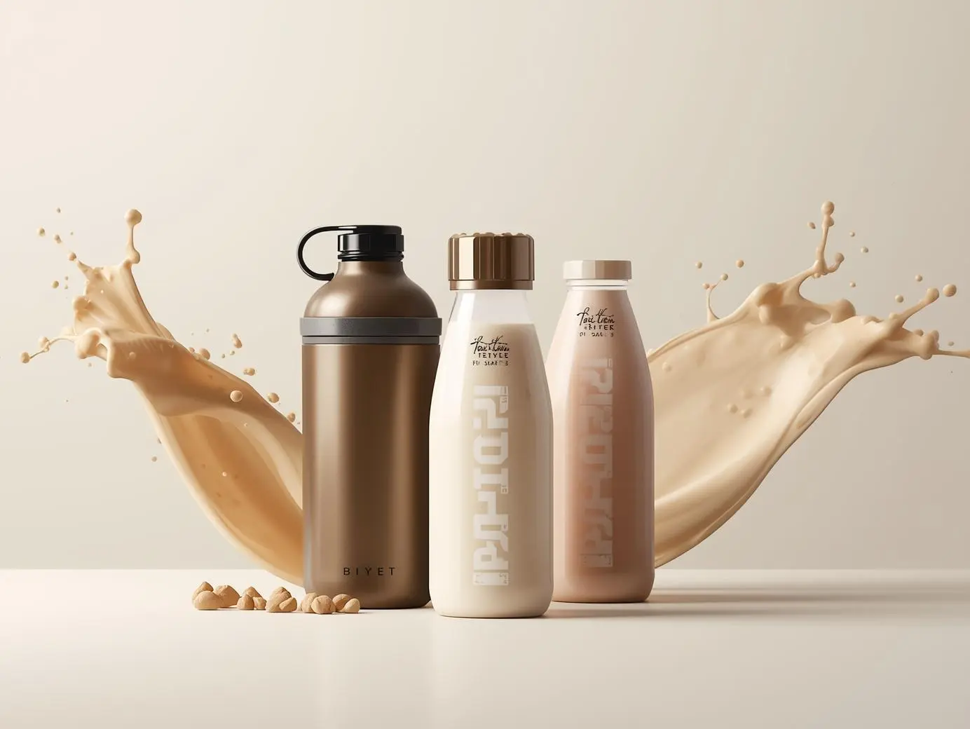 Protein shake bottles with chocolate and vanilla splash