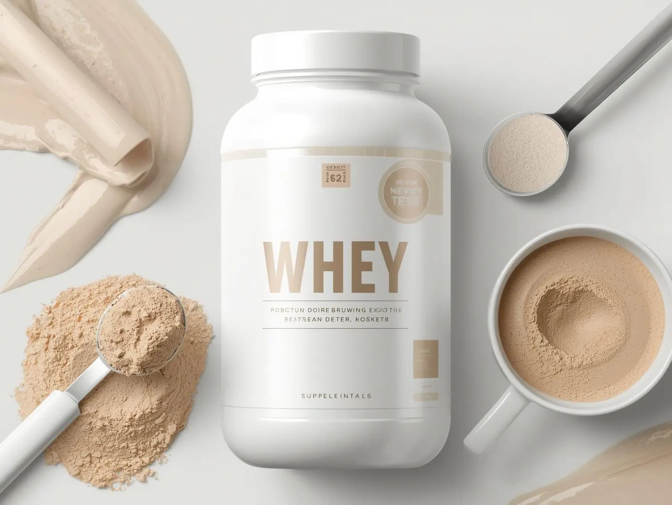 Whey protein powder with scoops and creamy textures displayed