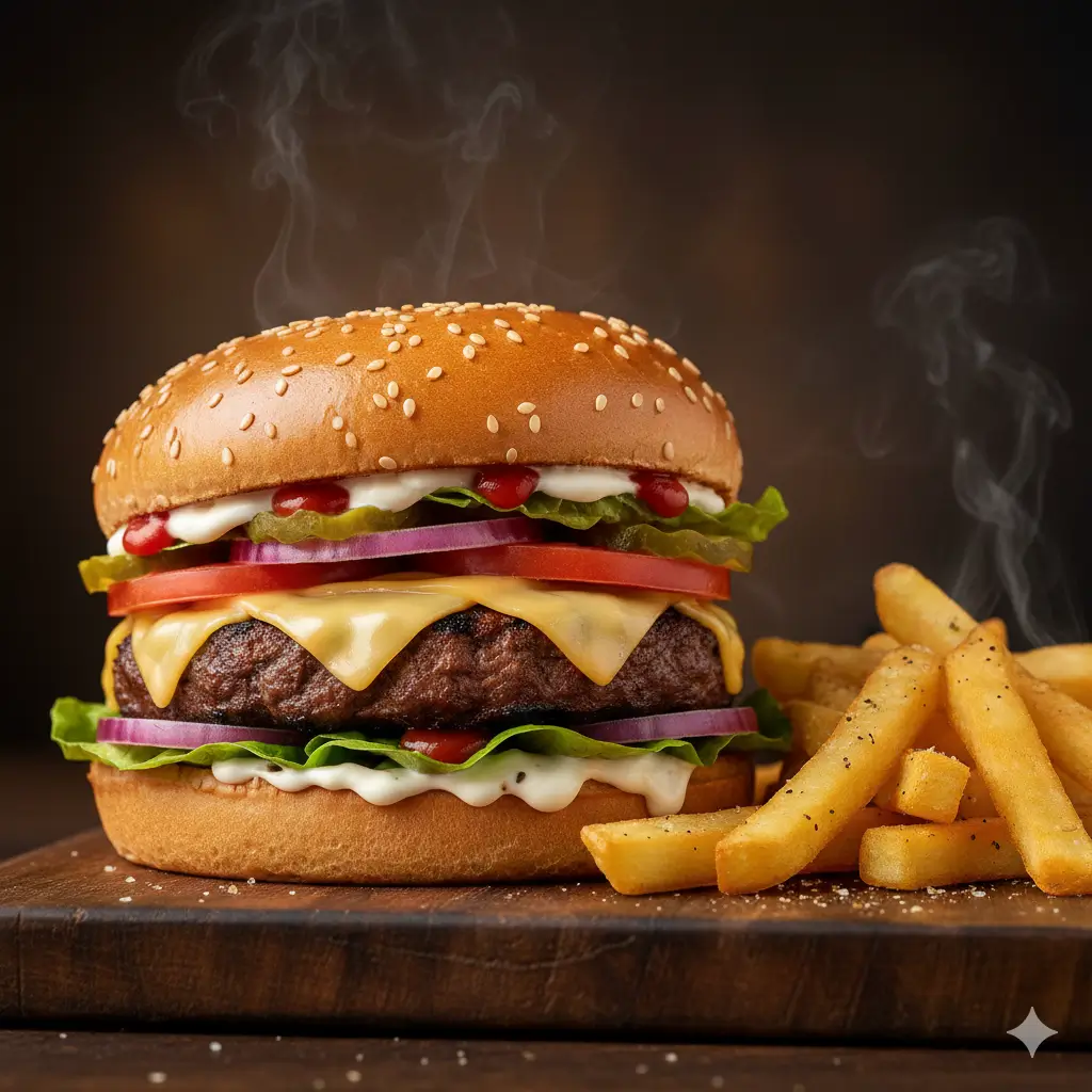 Burger King Steaming Cheeseburger With Melted Cheese And Fries On A Wooden Board