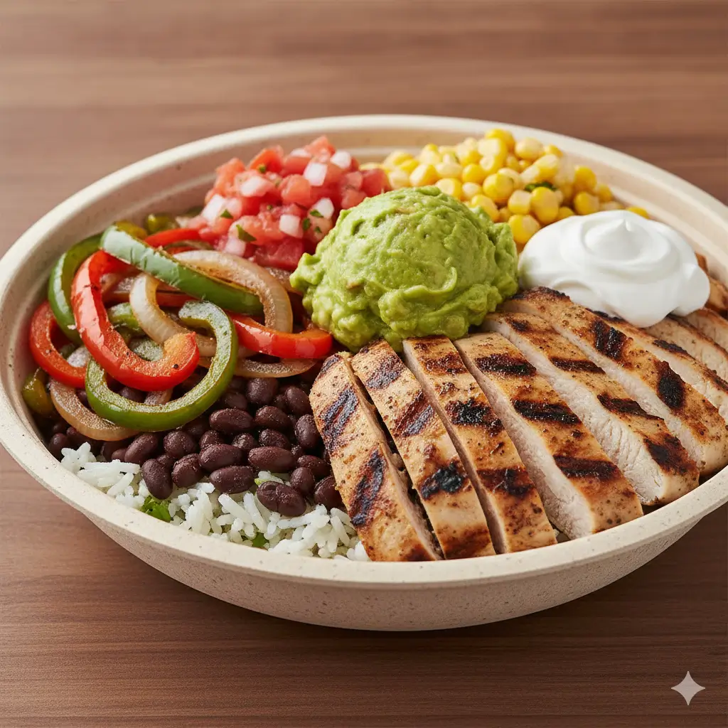 Chipotle Grilled Chicken Burrito Bowl With Rice Beans Fajita Vegetables Guacamole And Sour Cream