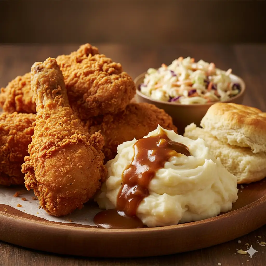 KFC Crispy Fried Chicken Meal With Mashed Potatoes Gravy Coleslaw And Biscuit