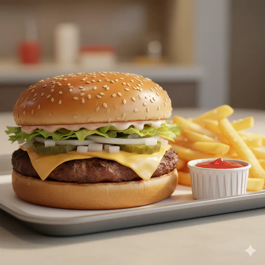 MacDonald Classic Cheeseburger With Sesame Bun Fries And Ketchup Dip On A White Tray