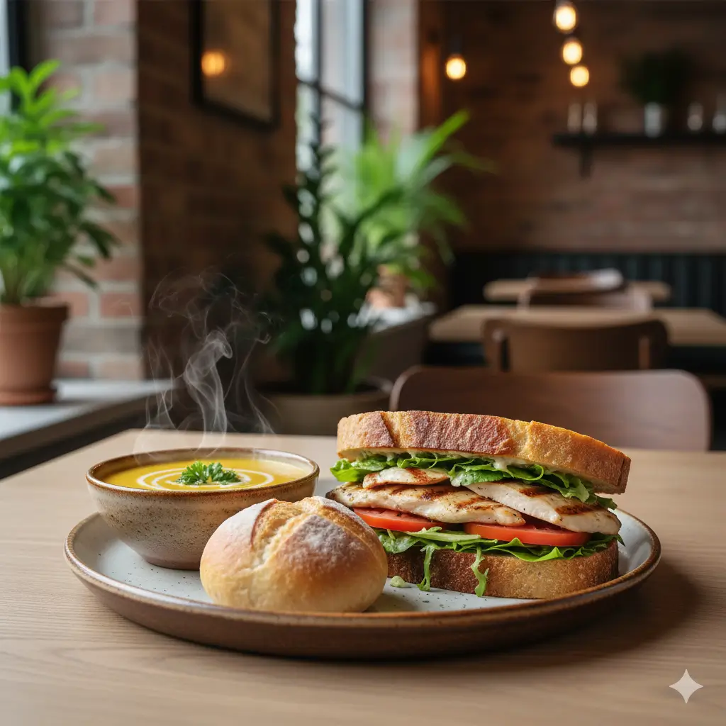Panera Bread Grilled Chicken Sandwich With Fresh Greens Served Alongside Hot Soup And Bread
