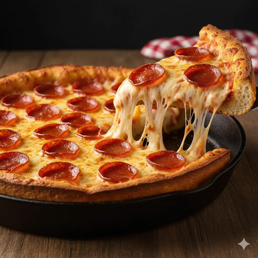 Pizza Hut Pepperoni Pizza Slice Being Lifted With Melted Cheese Stretching From The Pan