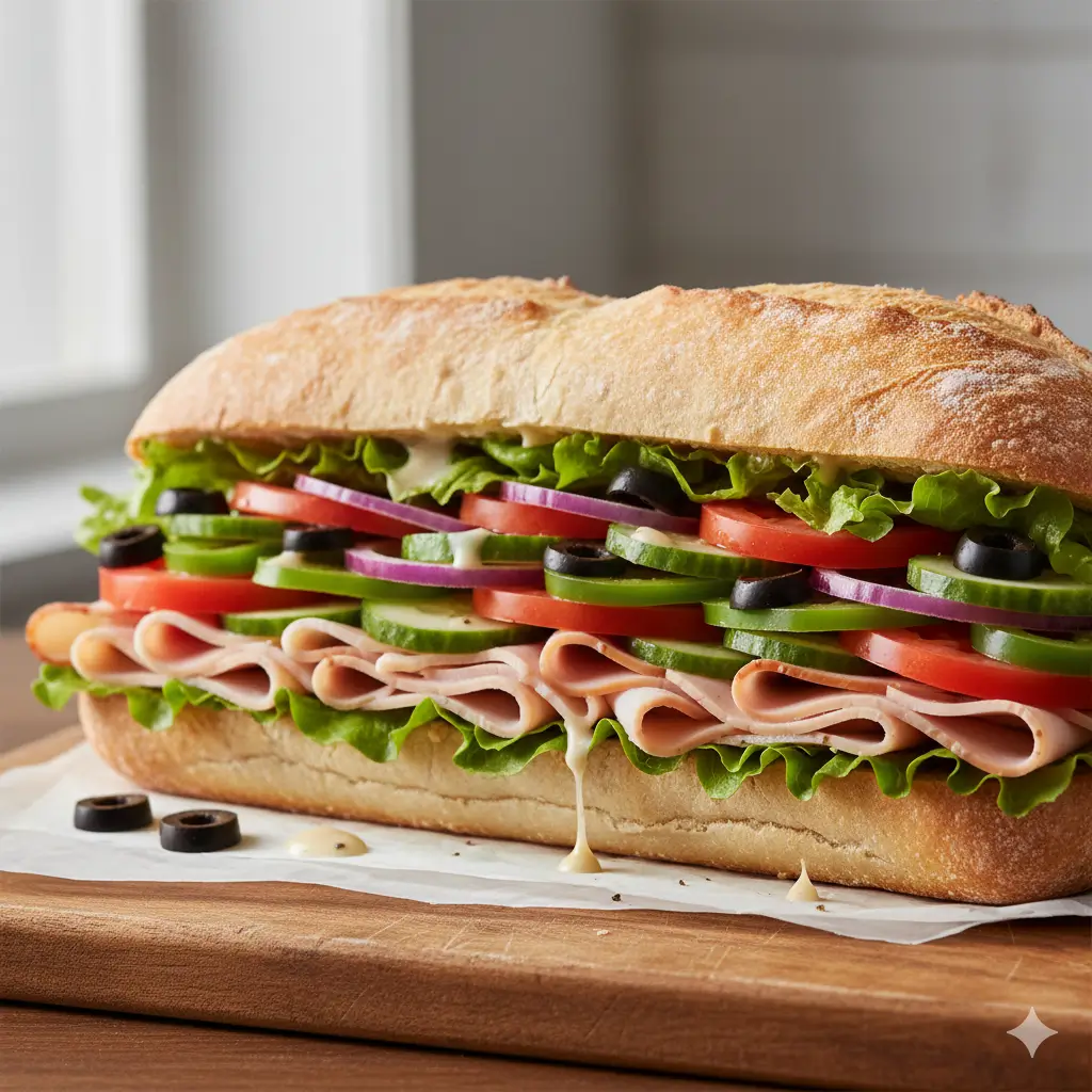 Subway Fresh Deli Style Sub Sandwich With Sliced Meat Vegetables And Creamy Sauce