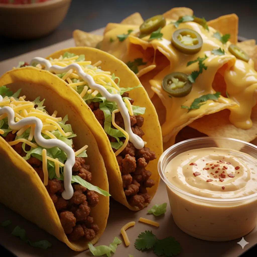 Taco Bell Crunchy Beef Tacos With Shredded Lettuce And Cheese Served With Nachos And Queso Dip