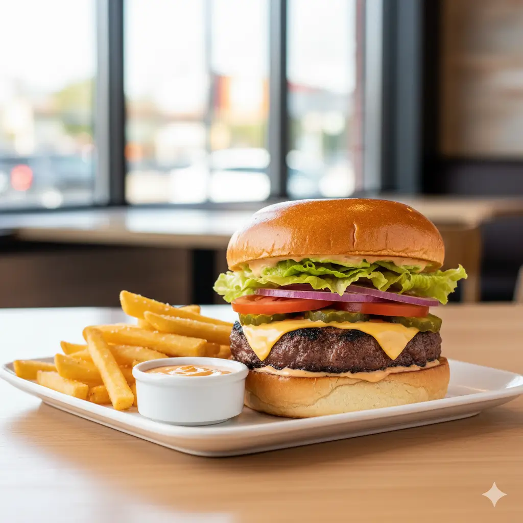 Wendys Juicy Cheeseburger With Fries And Dipping Sauce Served In A Casual Restaurant Setting
