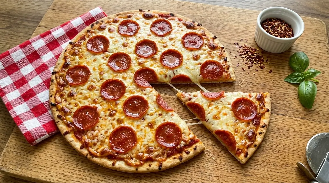 Quest Pepperoni frozen pizza (56g protein, 700 calories) on a wooden cutting board with crispy curled pepperoni slices, melted bubbling cheese and one slice pulled outward showing a real cheese pull